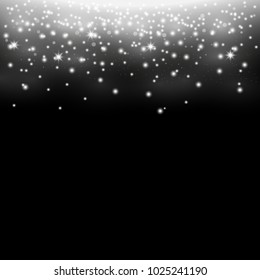 Glittering stardust on black background, sparkling particles, light effect, white color