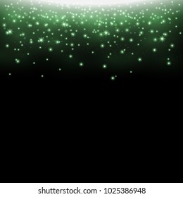 Glittering stardust on black background, sparkling particles, light effect, green color
