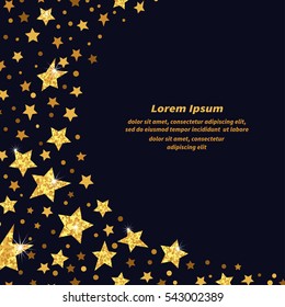 Glittering stars background. Vector illustration of abstract golden sparkling stars on dark.