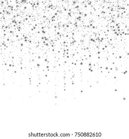 Glittering Stars Confetti. Glamour, Luxury Design Pattern with Silver Sparkles, Shimmering Stars on White Sky Background. Wedding, Invitation, Greeting Card Background Template