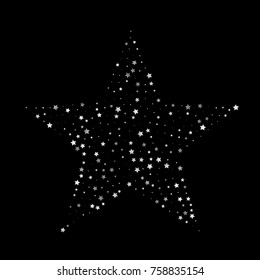 Glittering Stars Confetti. Glamour, Luxury Design Pattern with Silver Sparkles, Shimmering Stars on Black Sky Background. Wedding, Invitation, Greeting Card Background Template.