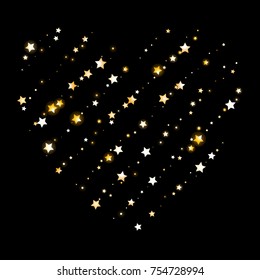 Glittering Stars Confetti Heart. Glamour, Luxury Design Pattern with Golden Sparkles, Shimmering Stars on Black Sky Background. Wedding, Invitation, Greeting Card Background Template.