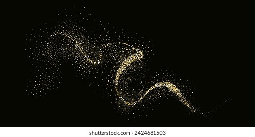 Glittering stars with golden shimmering swirls, shiny glitter design. Magical motion, sparkling lines on a black background.