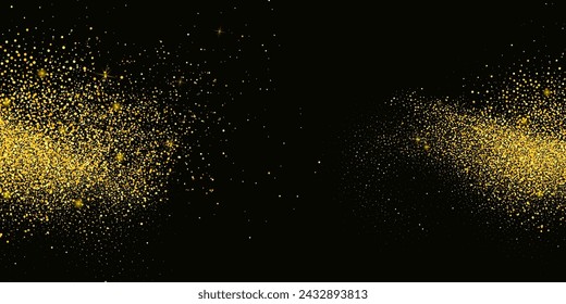 Glittering stars with golden shimmering swirls, shiny glitter design. Magical motion, sparkling lines on a black background.