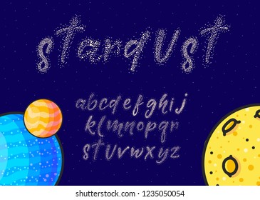 Glittering stars hand drawn color alphabet vector set. Cute cartoon cosmic font with planets. Doodle stardust calligraphic lettering. Space. Typography of dots, sparkles. Isolated lowercase letters