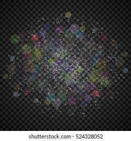 Glittering stars on vintage lights bokeh background illustration. Defocus transparent glitter