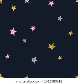 Glittering stars seamless pattern. Colorful sparkling constellation on black background. Shiny pink, golden, silver star symbols. Minimalist wallpaper, wrapping paper, textile print