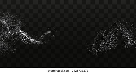 Glittering stars with silver shimmering swirls, shiny glitter design. Magical motion, sparkling lines on a black background.