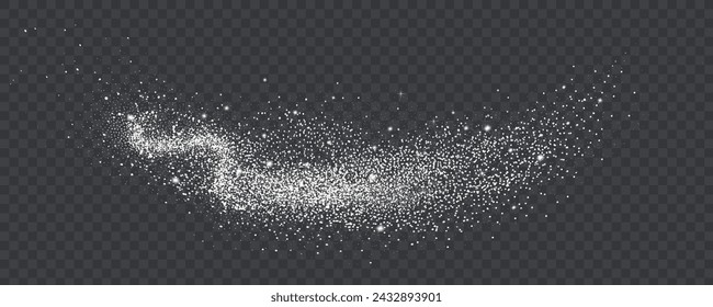 Glittering stars with silver shimmering swirls, shiny  design. Magical motion, sparkling lines on a black background.