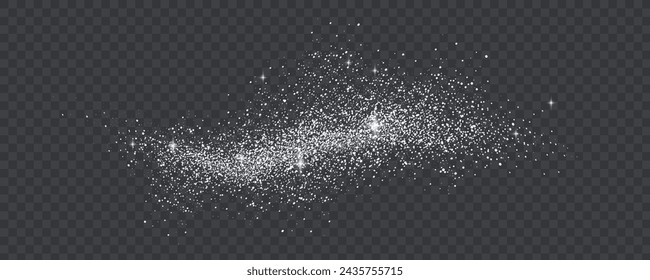 Glittering stars with silver shimmering swirls, shiny  design. Magical motion, sparkling lines on a black background.