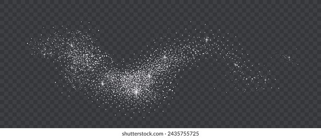 Glittering stars with silver shimmering swirls, shiny  design. Magical motion, sparkling lines on a black background.