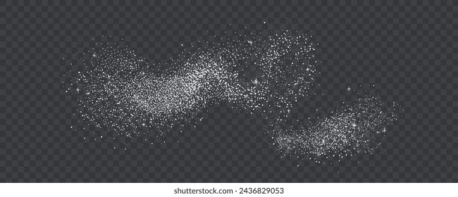 Glittering stars with silver shimmering swirls, shiny  design. Magical motion, sparkling lines on a black background.