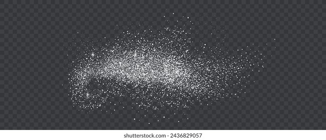 Glittering stars with silver shimmering swirls, shiny  design. Magical motion, sparkling lines on a black background.