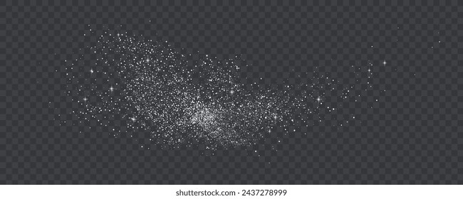 Glittering stars with silver shimmering swirls, shiny  design. Magical motion, sparkling lines on a black background.