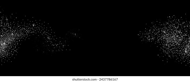 Glittering stars with silver shimmering swirls, shiny  design. Magical motion, sparkling lines on a black background.