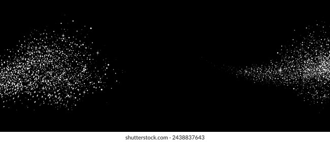 Glittering stars with silver shimmering swirls, shiny  design. Magical motion, sparkling lines on a black background.