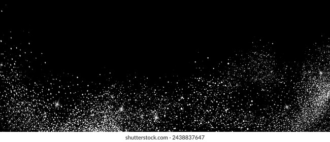 Glittering stars with silver shimmering swirls, shiny  design. Magical motion, sparkling lines on a black background.