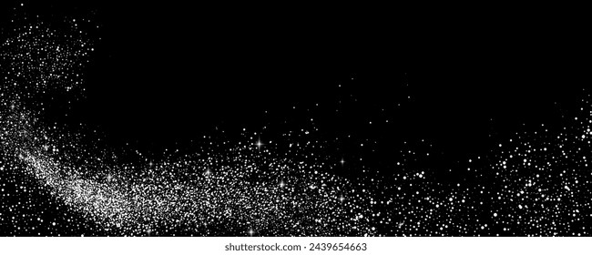 Glittering stars with silver shimmering swirls, shiny  design. Magical motion, sparkling lines on a black background.