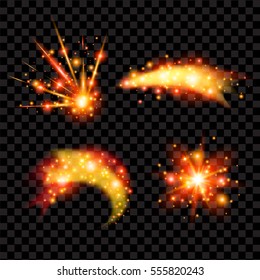 Glittering Stars Transparent Design. Sparkling Sun Light Flashes Effect. Comet and Galaxy Fantasy Science. Shining Bokeh Elements. Vector Illustration