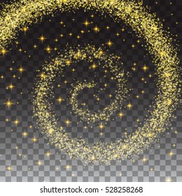 Glittering swirl trail isolated on transparent checkered background. Glowing of golden confetti particles. Spiral stream sparkling Decoration element for design. Vector illustration.