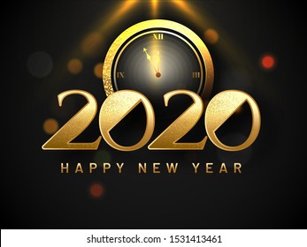Glittering text 2020 with clock illustration on black bokeh background for Happy New Year celebration greeting card design.