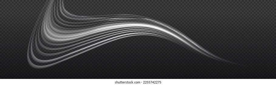 Glittering trail. Dynamic white motion wave twist. Swirling glow neon wavy. Glowing spiral lines effect. Curved line light. Rotating shining waves of speed. Sparkling swirl with flare sparkle, vector