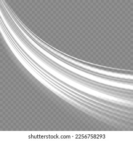 Glittering trail. Dynamic white motion wave twist. Swirling glow neon wavy. Glowing spiral lines effect. Curved line light. Rotating shining waves of speed. Sparkling swirl with flare sparkle, vector