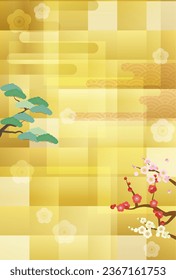 Glittering vector background in gold leaf style with pine and plum trees.