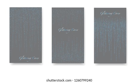 Glittering Vector Cover. Set of blue, gray covers, templates, printing elements, cards. Round glittering confetti, festive tinsel, magic design for polygraphy. Premium Christmas golden garlands.