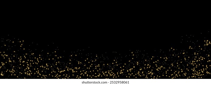 Glitzernder Vektorstaub auf schwarzem Hintergrund. Gold funkelnde Lichter. Weihnachten Feiertage Glühpartikel. Zaubersterneffekt. Glänzender Hintergrund. Festliches Partydesign.