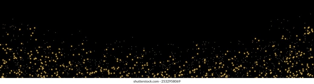 Glittering vector dust on a black background. Gold sparkling lights. Christmas Holiday glow particle. Magic star effect. Shine background. Festive party design.