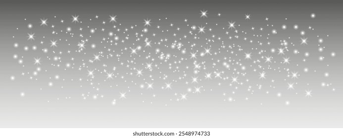 Glittering vector dust on transparent background. Glittering white lights. Christmas Holiday glow particle. Magic star effect. Shine background. Festive party design