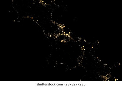 Glittering wave of confetti. Vector golden sparkling background on black.