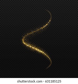 Glittering wave. Vector golden sparkling stardust trail. Magic glowing gold confetti on black background