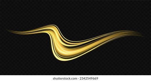 Glittering wavy trail. Golden glowing shiny spiral lines effect. Curved yellow line light. Swirling glow dynamic neon circles. Rotating shining rings. Shine magic gold swirl with flare sparkles Vector