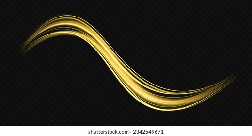 Glittering wavy trail. Golden glowing shiny spiral lines effect. Curved yellow line light. Swirling glow dynamic neon circles. Rotating shining rings. Shine magic gold swirl with flare sparkles Vector