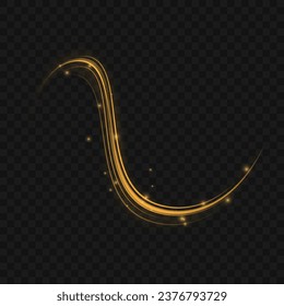 Glittering wavy trail. Golden glowing shiny spiral lines effect. Curved yellow line light. Swirling glow dynamic neon circles. Rotating shining rings. Shine magic gold swirl with flare sparkles Vector
