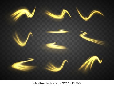 Glittering wavy trail. Golden shiny spiral wave. Curved yellow line twirl. Swirling dynamic neon circle. Rotating speed ring. Magic gold whirlwind with flare sparkles. Glow swirl light effect. Vector