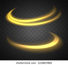 Glittering wavy trail. Golden shiny spiral wave. Curved yellow line twirl. Swirling dynamic neon circle. Rotating speed ring. Magic gold whirlwind with flare sparkles. Glow swirl light effect. Vector