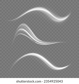 Glittering wavy trail. Swirling glow neon twist. Rotating shining waves of speed. Dynamic white motion wave. Glowing spiral lines effect. Curved line light. Sparkling swirl with flare sparkles vector