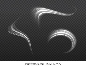 Glittering wavy trail. Swirling glow neon twist. Rotating shining waves of speed. Dynamic white motion wave. Glowing spiral lines effect. Curved line light. Sparkling swirl with flare sparkles vector