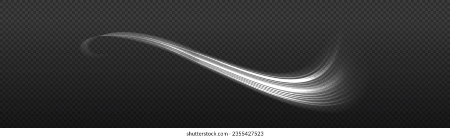 Glittering wavy trail. Swirling glow neon twist. Rotating shining waves of speed. Dynamic white motion wave. Glowing spiral lines effect. Curved line light. Sparkling swirl with flare sparkles vector