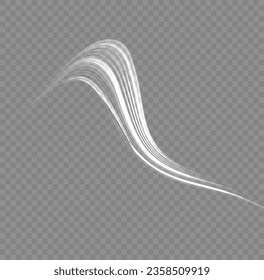 Glittering wavy trail. Swirling glow neon twist. Rotating shining waves of speed. Dynamic white motion wave. Glowing spiral lines effect. Curved line light. Sparkling swirl with flare sparkles vector