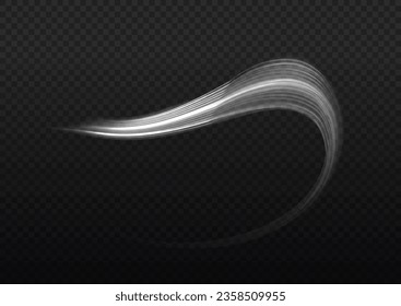 Glittering wavy trail. Swirling glow neon twist. Rotating shining waves of speed. Dynamic white motion wave. Glowing spiral lines effect. Curved line light. Sparkling swirl with flare sparkles vector