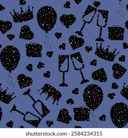 Glittery party celebration pattern. Seamless pattern with black silhouettes.