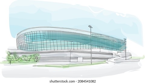 Gliwice Arena, multi-purpose indoor arena in Gliwice. Silesia, Poland, watercolor, vector illustration for postcard, social media, poster