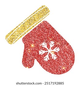 Gllitter red gold mitten with a snowflake. New Year's glitter mitten. Holiday paraphernalia. New Year's decor.