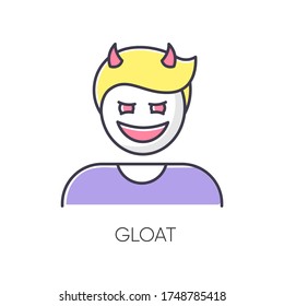 Gloat RGB color icon. Evil smile. Bad attitude. Vicious smirk. Scary person. Negative feeling. Devil facial expression. Destructive behaviour. Antisocial disorder. Isolated vector illustration