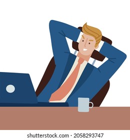 Gloating businessman sitting in office chair at desk with laptop. The character has conceived something unkind and rejoices. Isolated concept. Flat vector illustration.