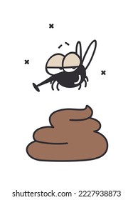 Una mosca regodeada sobre un montón de mierda. Un insecto zumbido con un proboscio. Una caca marrón con una mosca voladora encima. Ilustración para imprimir en forma de caricatura.
